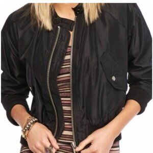 Free People Midnight Bomber Jacket Small ,In Black Satin Pockets Ribbed Cuffs